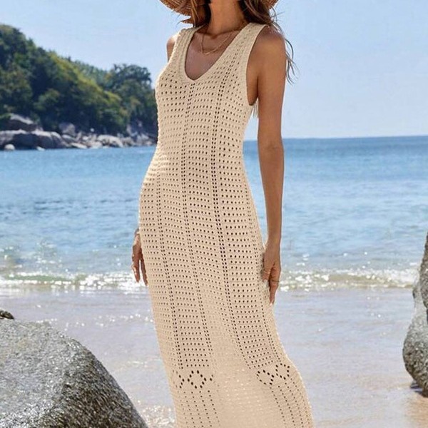 European and American Export Beachwear Amazon Cross-Border Pure Color Knitted Cut Out Long Vest Bikini Cover-Up Dress