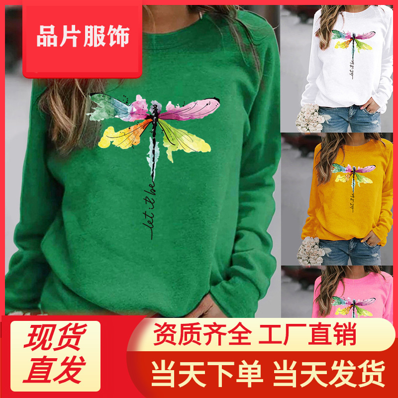 Amazon eBay wish AliExpress independent station let it be Dragonfly printed long sleeve round neck sweater