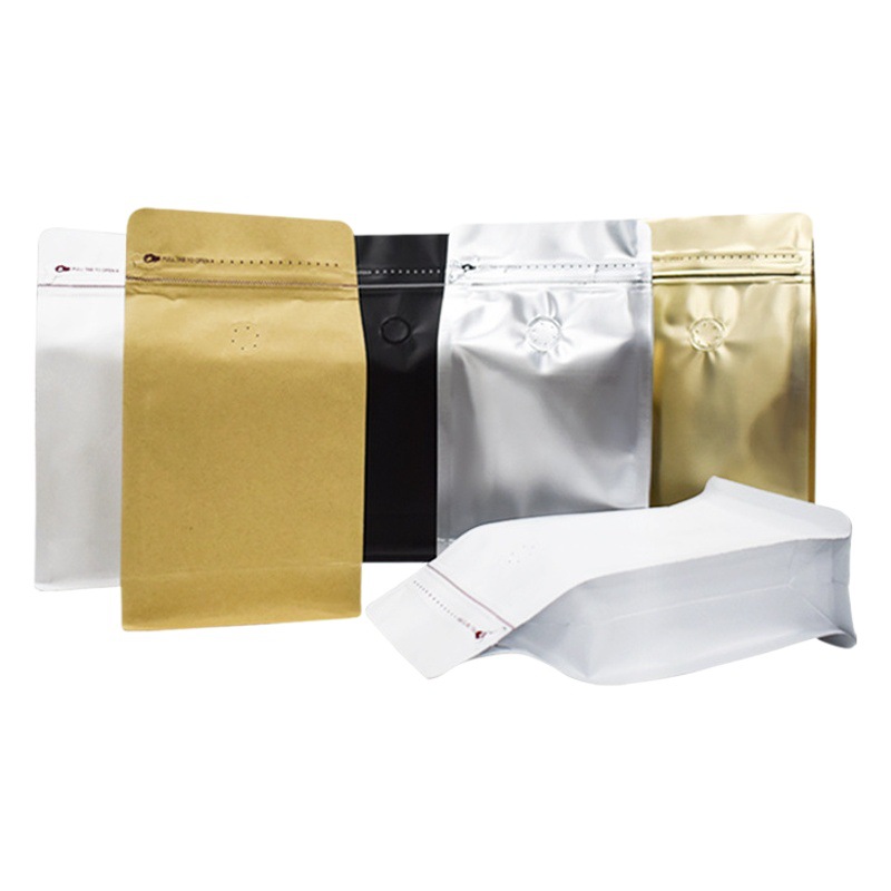 Liyuan factory produces 340g coffee air valve bag with eight sides sealed flat bottom bag yellow Kraft paper aluminized side zipper bag