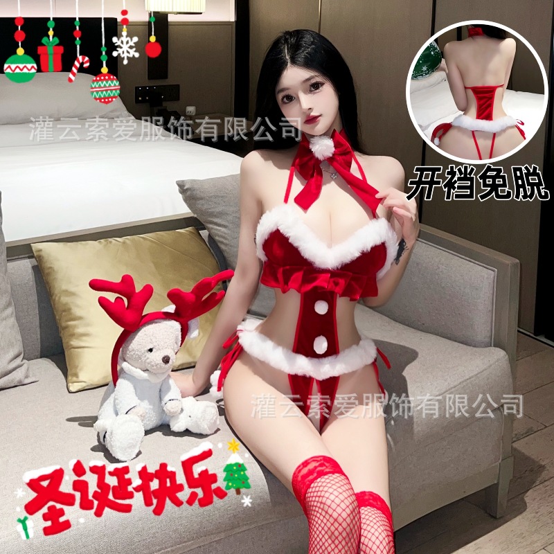 Passion Sexy Underwear Christmas Red War Robe Velvet Jumpsuit Role-playing Open Crotch Free Pajamas 9861