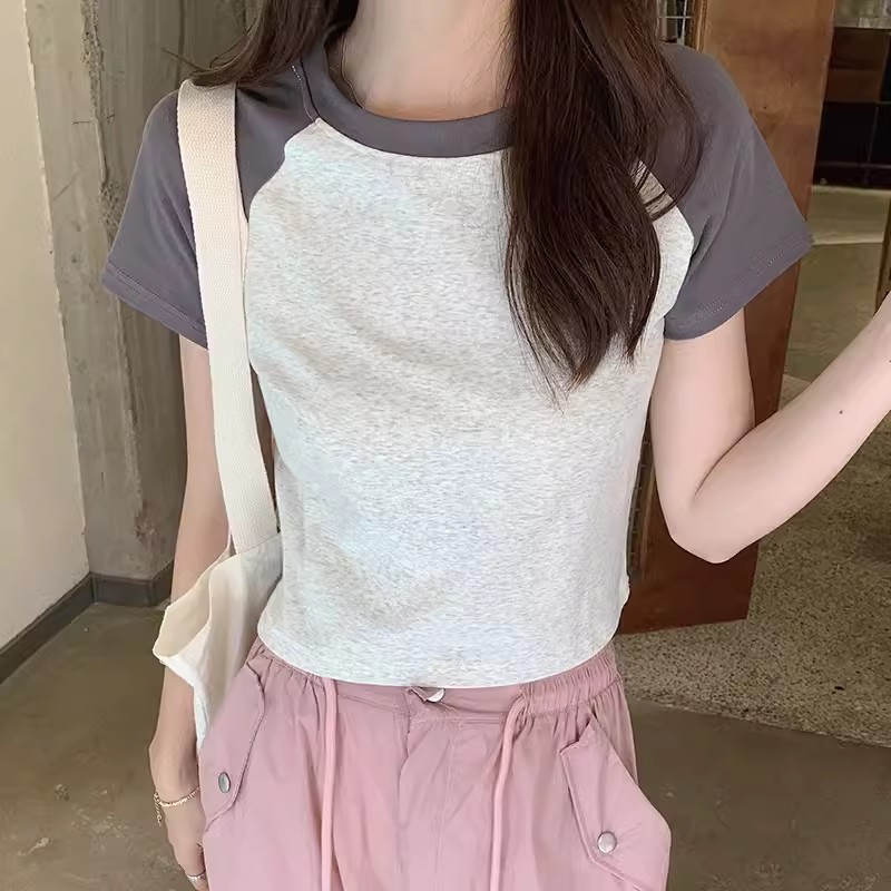 A013 # [180g Double Grinding] Summer Versatile Slimming Look Right Shoulder Short Top American Raglan Short-Sleeved T-Shirt for Women