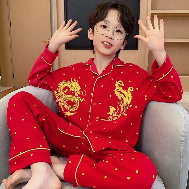 Spring and Autumn boys' pajamas pure cotton long-sleeved red animal year Festive dragon year little boy children's homewear suit