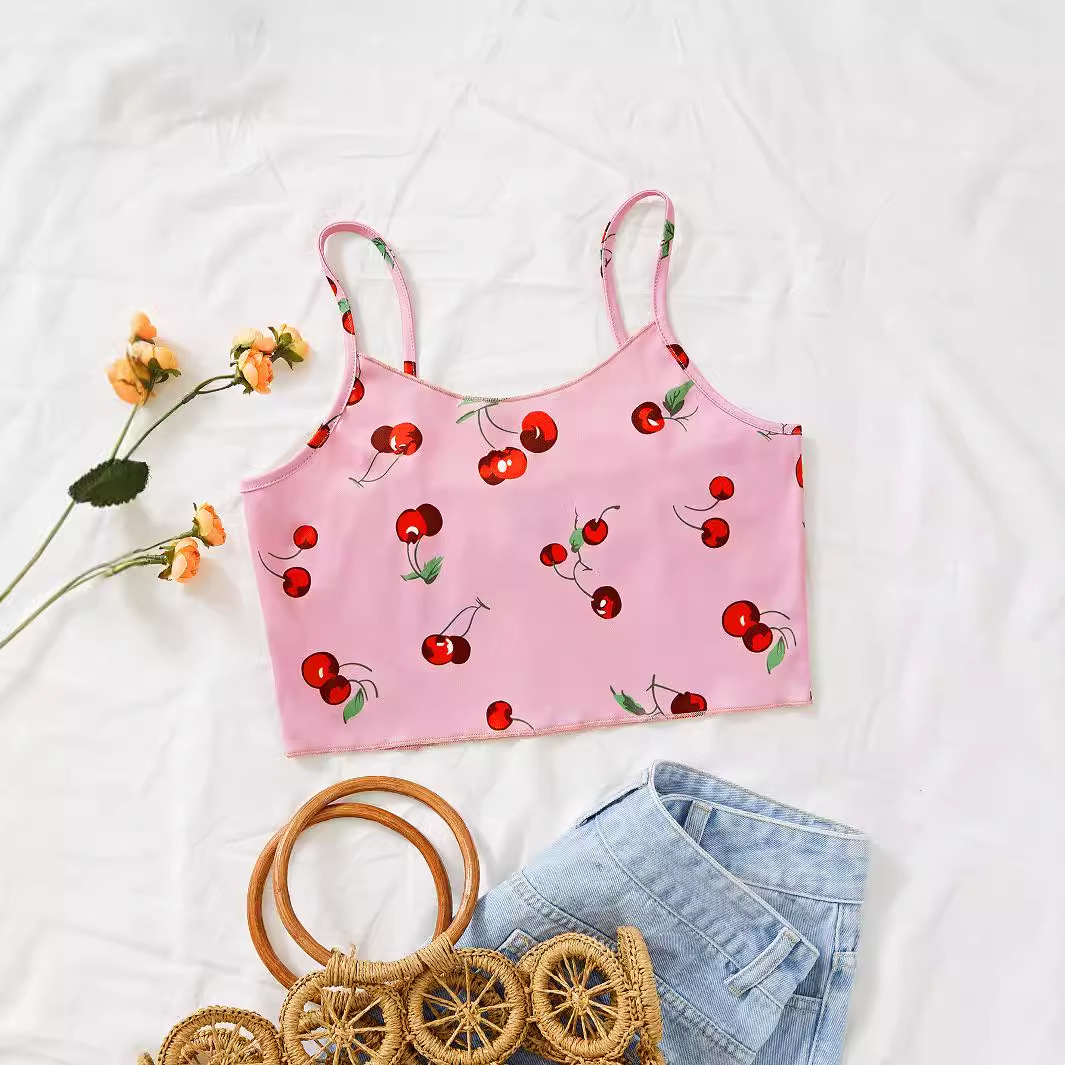 in stock -91331# Amazon Cross-border European and American Foreign Trade Women's Wear INS Sexy Leisure Strawberry Print Strawberry Top