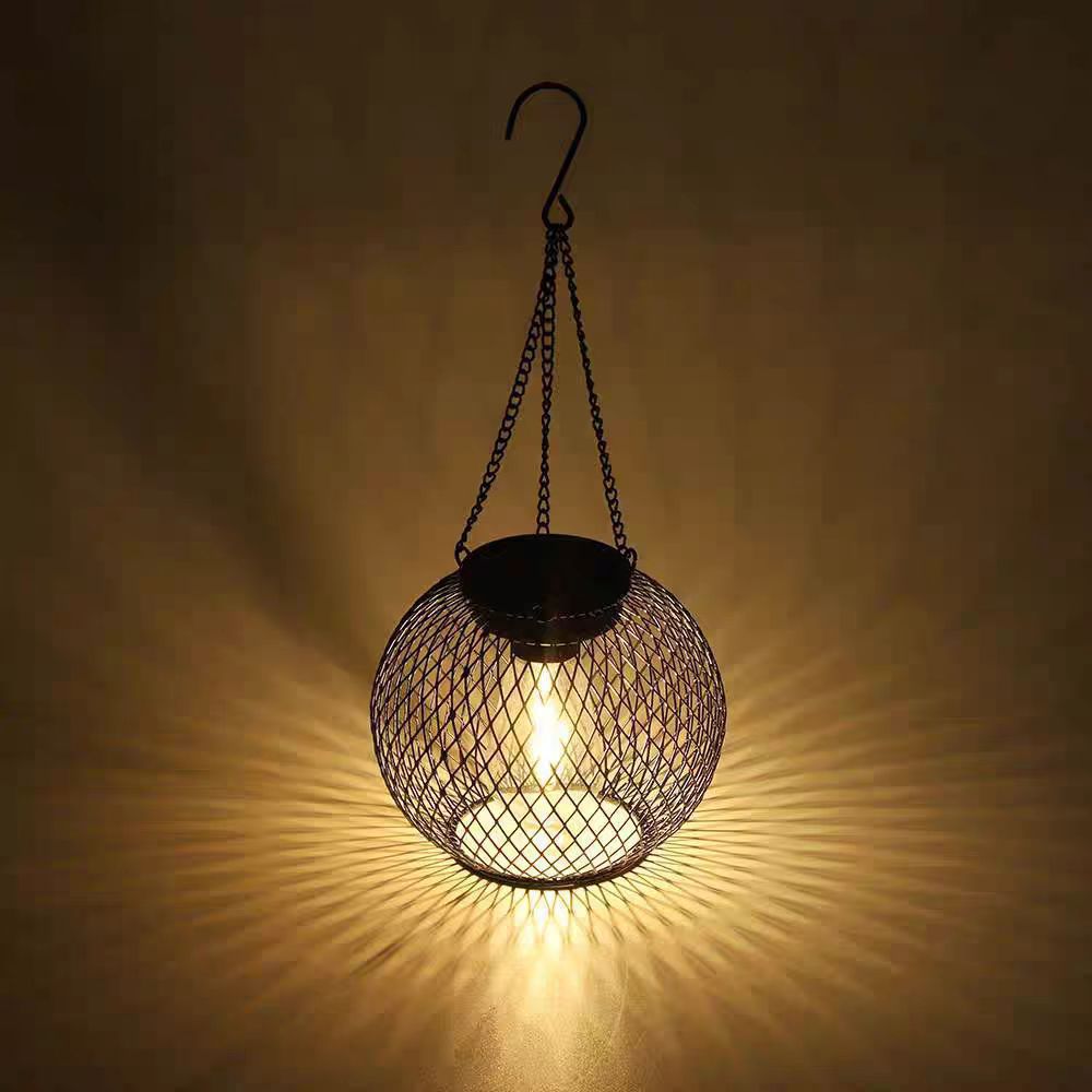Picture of Amazon Solar Iron Lantern Lamp Retro Net Chandelier Outdoor Garden Courtyard Decoration Hollow Lantern Super Bright