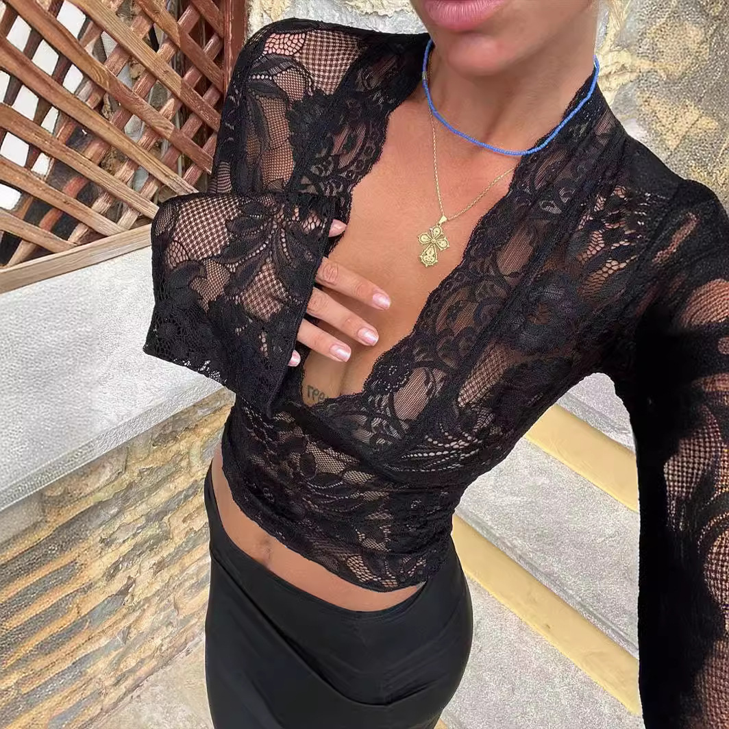 Picture of Cross-border New AliExpress Amazon Europe and America Solid Color Slim V-neck Long Sleeve Lace Base Shirt Top