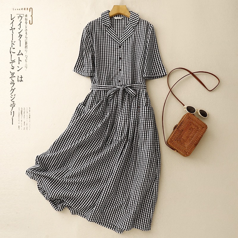 Real shot 2025 summer new literary retro black and white plaid dress women's cotton linen lapel short sleeve mid-length skirt