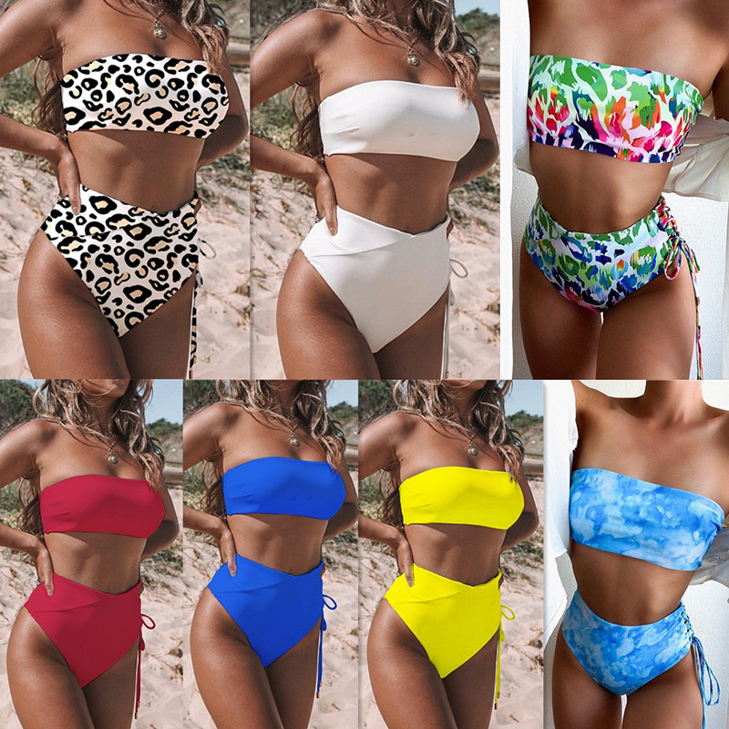 Cross-border foreign trade Europe and the United States new solid color high waist sexy chest strap bikini foreign trade split swimsuit XL016