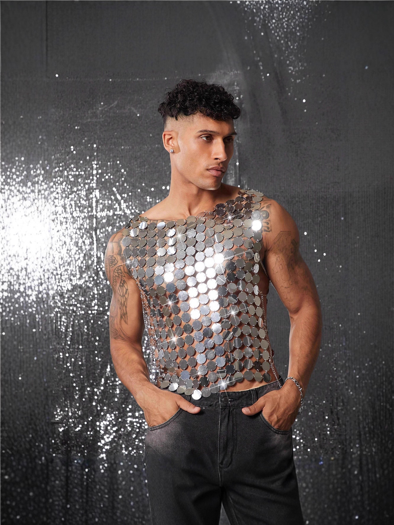 2025 European and American Amazon nightclub hot sale sexy handmade silver bead sheet men's vest metal top