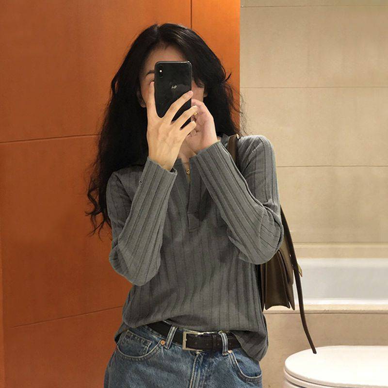 French Retro V-neck Knitwear Women's 2024 Autumn Wear Slim-fit Slimming Long-sleeved Base Shirt Inner Top T-shirt