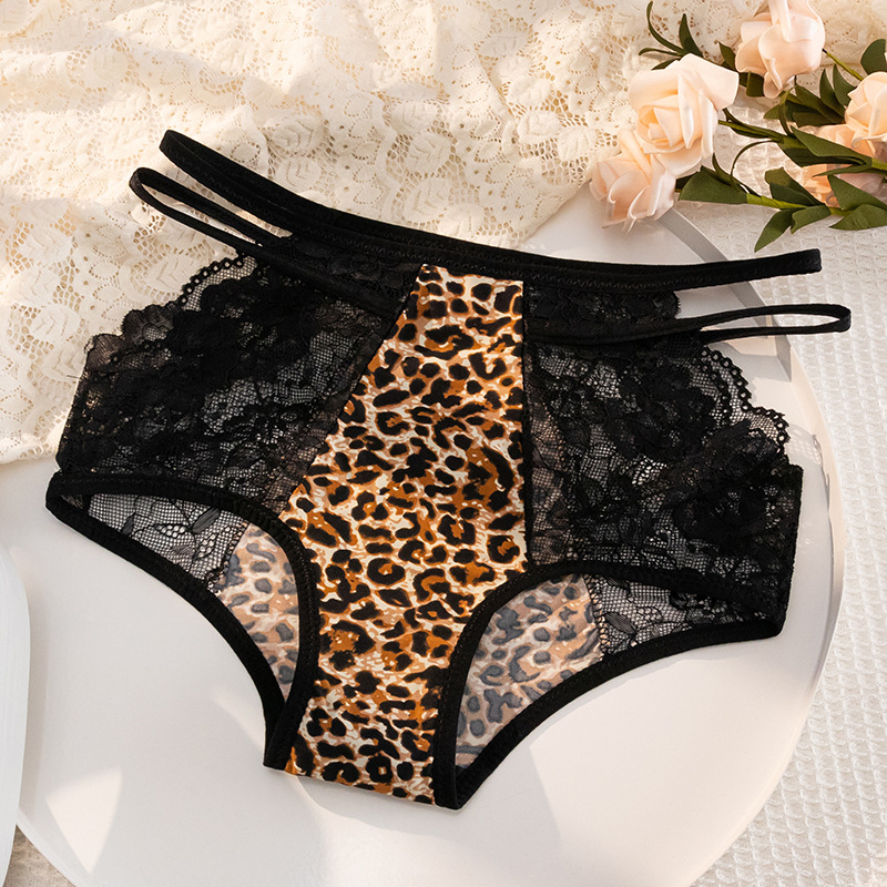 Picture of Women's sexy ice silk underwear plus size lace high waist abdomen pure mark leopard print breathable cotton crotch hip briefs