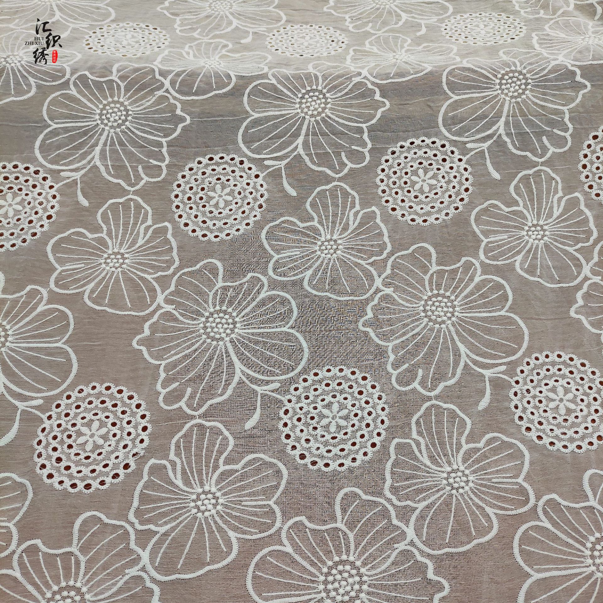 Spring and Summer Silk Wrinkle Embroidery Cloth Lotus Leaf Flower Carving Hole Embroidery Fabric Fashion Dress Garment Material