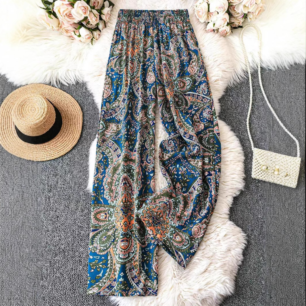 2025 New European and American Cross-Border Independent Site Amazon Fashion Versatile Printed Slimming Look Loose High-Waisted Wide-Leg Pants