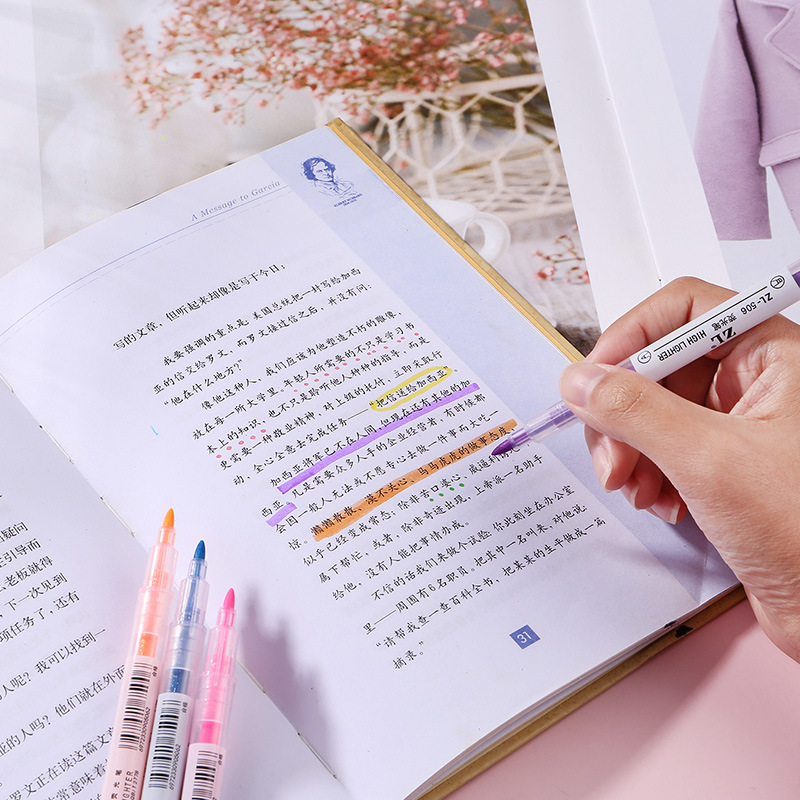 Picture of Color double-head highlighter 6-color Student color pen key marking pen oblique head highlighter watercolor pen