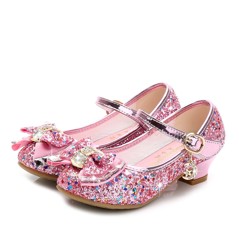 Picture of 2025 Autumn New Girls' Small High Heel Leather Shoes Sequin Upper Bow Decoration Children's Dance Shoes