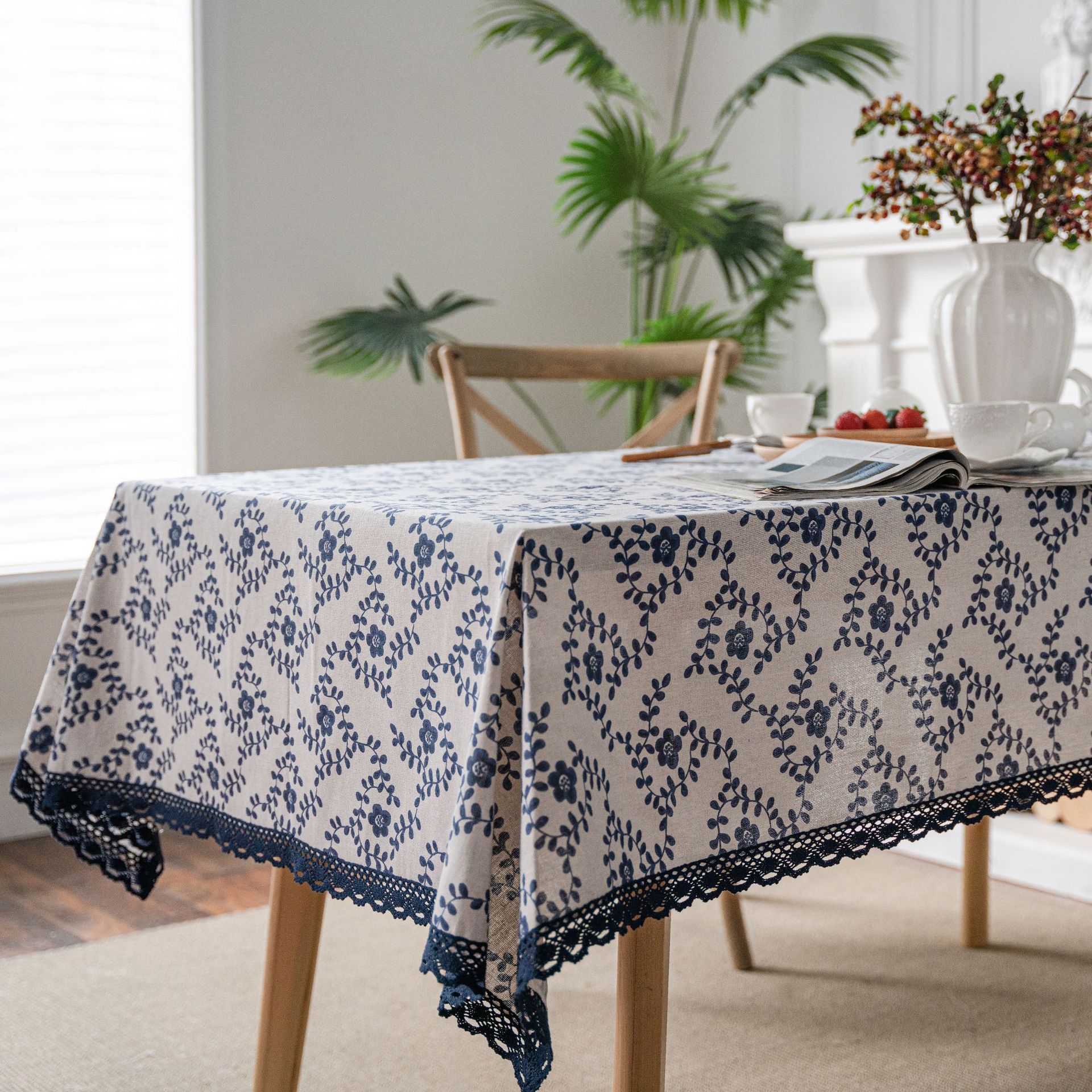 Picture of Yiman Qiyun Navy Blue Plum Blossom Printing Pastoral Cotton and Linen Tablecloth Tablecloth Wholesale Household Cover Towel Lace