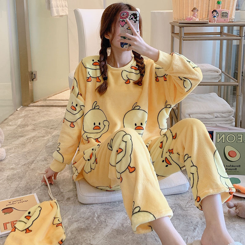 Pajamas Women's Winter Flannel Korean-style Long-sleeved Thickened Fleece-lined Coral Fleece Cute Autumn and Winter Home Suit for Women
