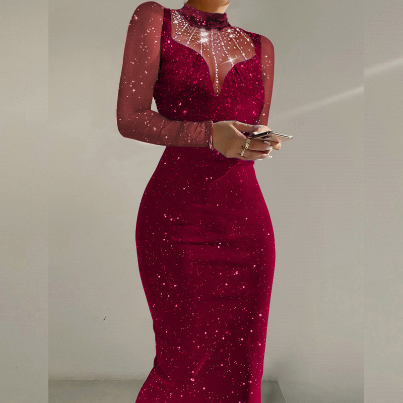 European and American foreign trade dress sequins slim sexy long sleeve hip skirt