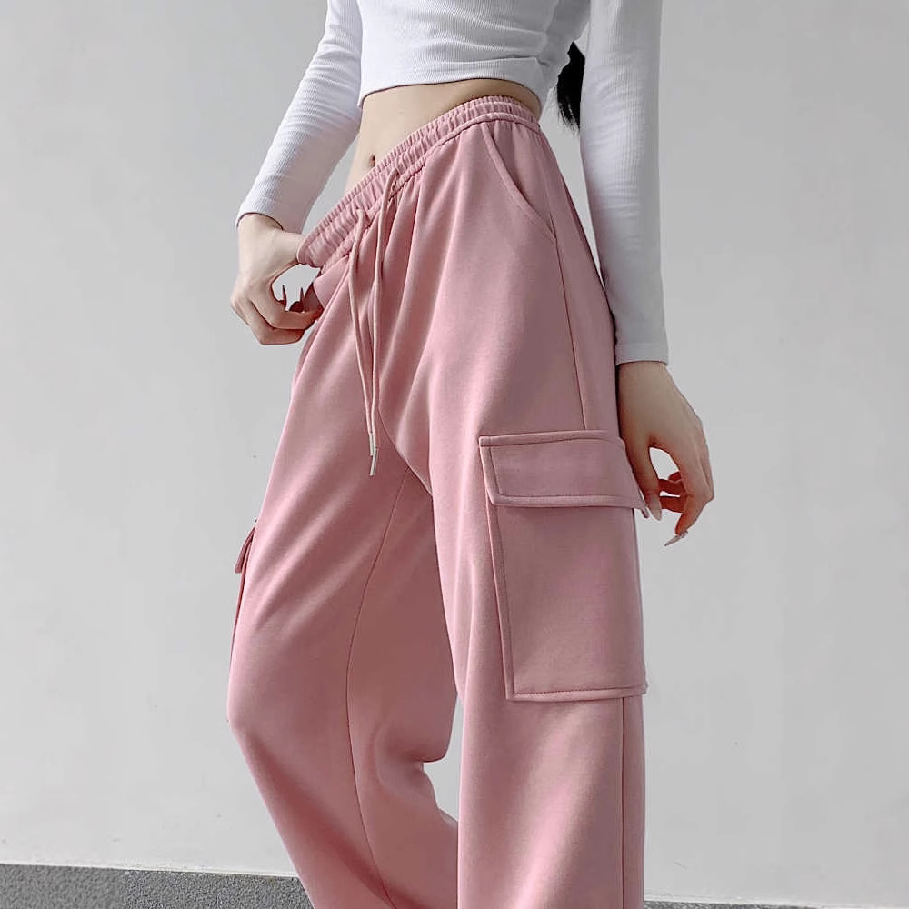 American Style Drawstring Sweat Pants Spring and Autumn New High Waist Design Sense Workwear Wide Leg Pants Long Pants Casual Pants Women's Trendy