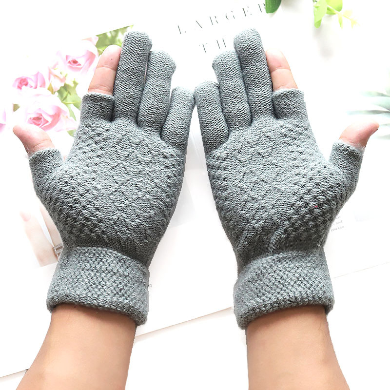 Winter men's dew 2-finger touch screen wool warm gloves half adult students fleece-lined riding wholesale touch screen