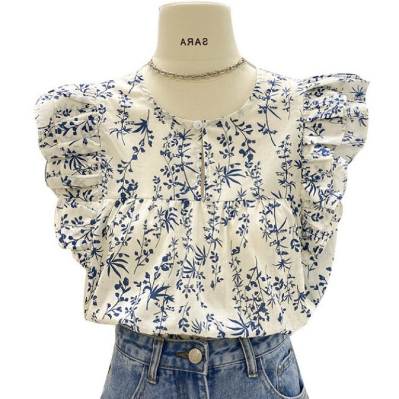 French Style Western Style Commuter Top 2023 Summer Wood Ear Pleated Flying Sleeve Shirt for Women