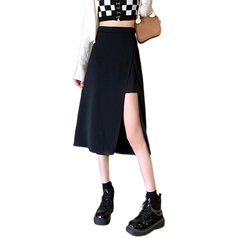 Autumn 2022 Plus Size Chubby Girls Mid-length Skirt Women's High Waist Irregular Split A- line Skirt Black Hip Skirt