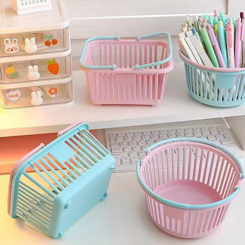 Mini Desktop Storage Basket Student Stationery Pen Cute Macaron Dormitory Sundries Organize Portable Storage Basket