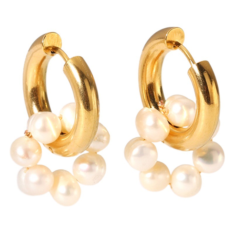 European and American cross-border new freshwater pearl earrings fashion stainless steel earrings 18K gold plated non-fading jewelry wholesale