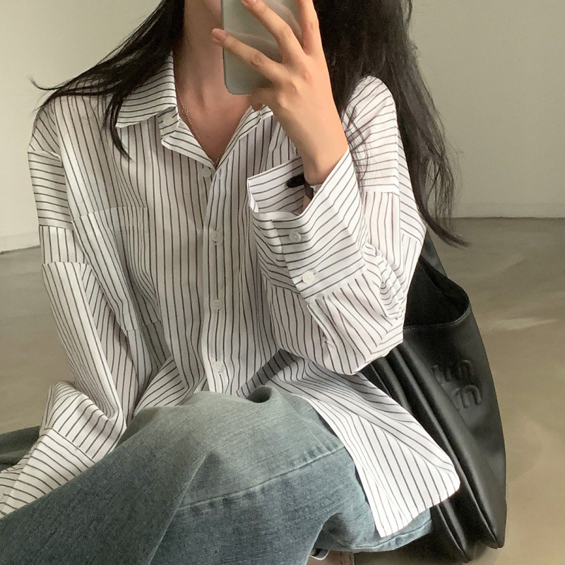 South Korea Chic Shirt 2025 Spring Striped Shirt Women's Autumn Single-breasted Pocket Niche Loose Long-sleeved Top