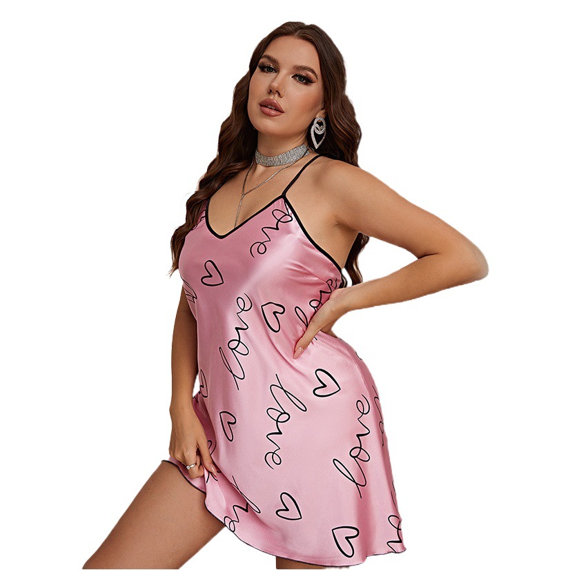 Foreign Trade Cross-border Women's Love One-piece Nightgown Summer Sexy Sling Dress Home Clothes Ice Silk Pajamas for Women