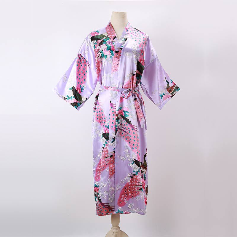 Picture of Women's Sexy Long Pajamas Summer Kimono Robe Thin Peacock Print Bathrobe Imitation Silk Kimono Nightgown Foreign Trade