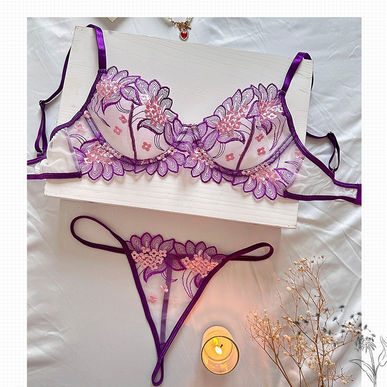 2024 European and American Foreign trade hot-selling embroidery sweet style perspective mesh sexy comfortable sexy lingerie