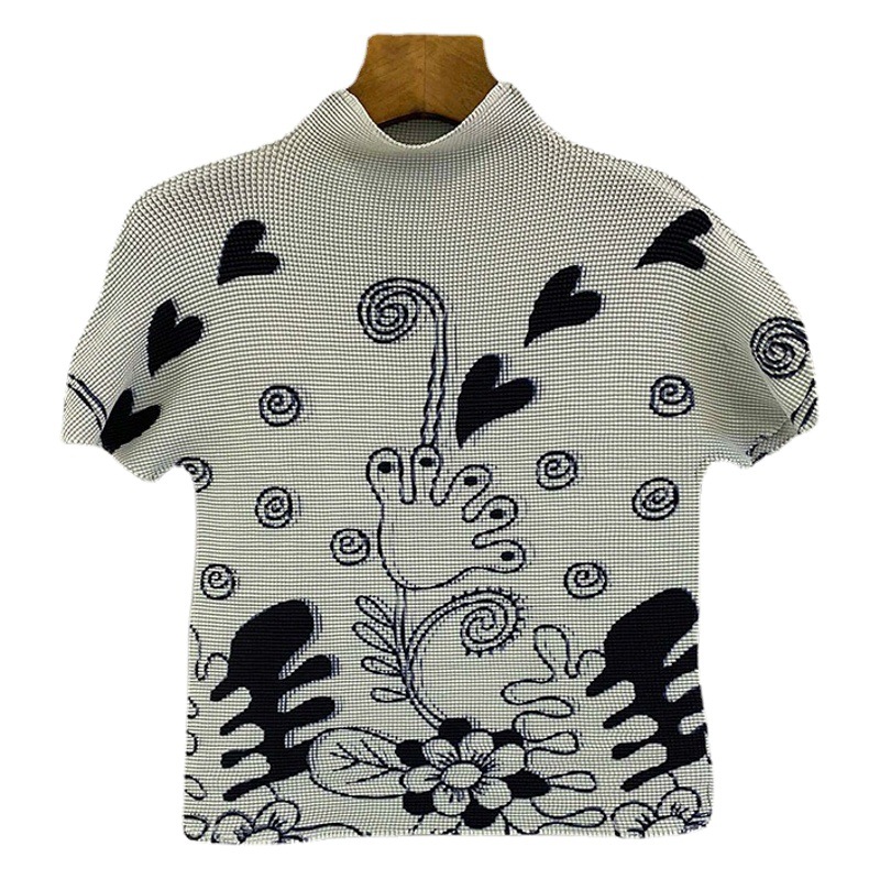 Miyake Printed Pleated Short-Sleeved T-Shirt Women's Summer New Fashionable Design Sense Small Shirt Slim-Fit Top Half-High Collar