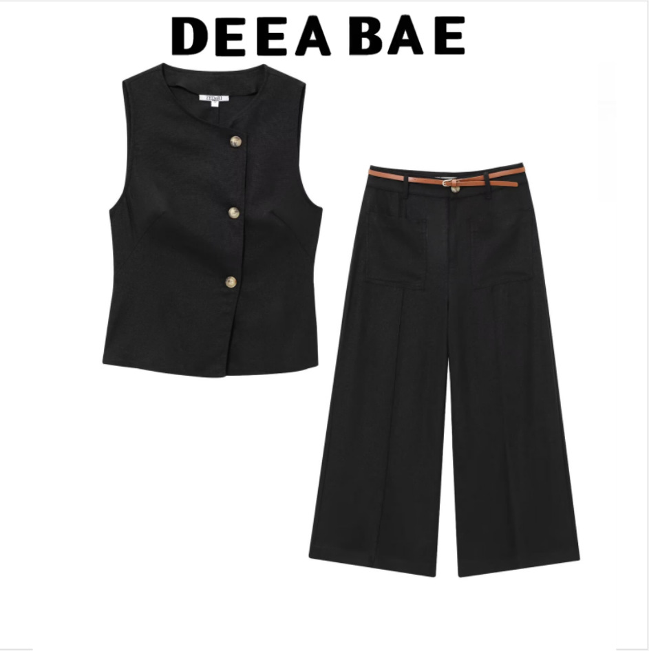 Deeabae Women's Blended Vest Top with Belt Wide Leg Trousers Suit 2730722 2845722
