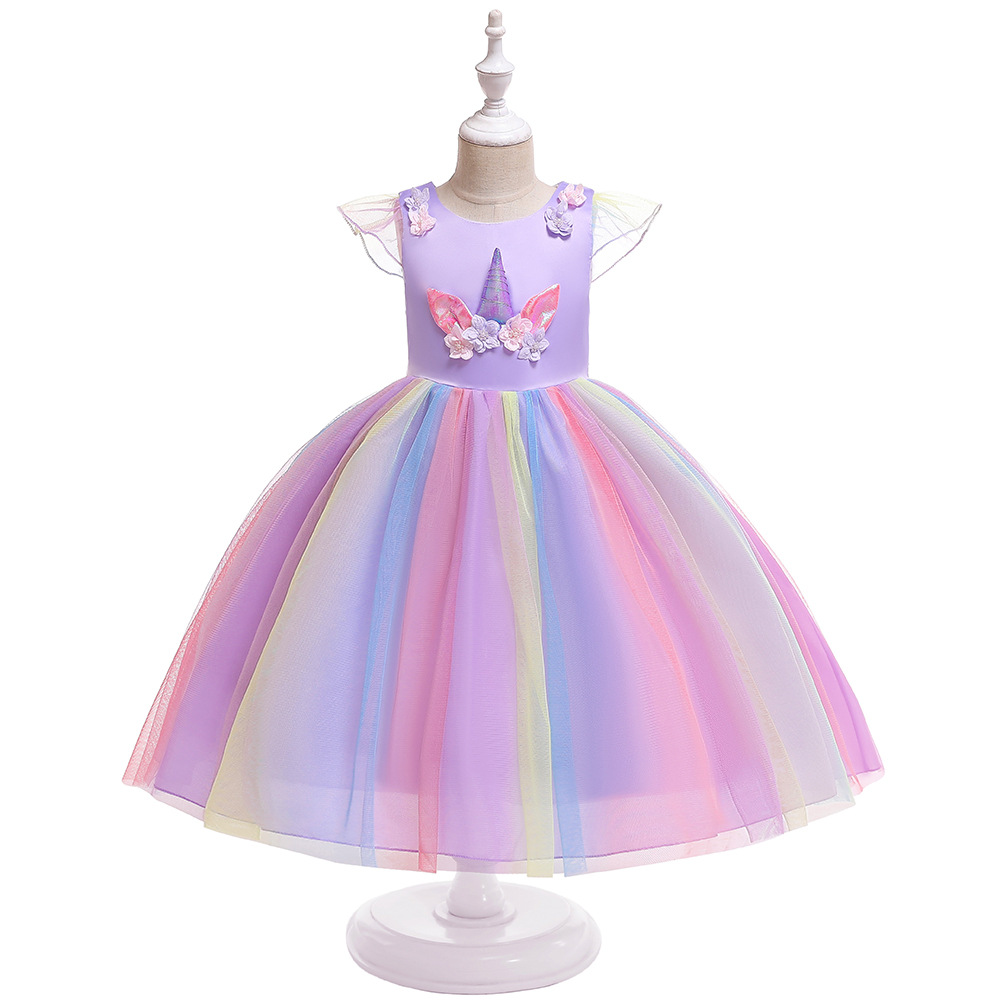 Picture of 20.23 million Christmas Dress Children Unicorn Dress Girl's Gauze Rainbow Princess Dress Cotton 4-12 Years
