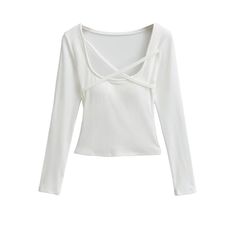 Picture of Ins Spice Girl Square Collar Cross Rope with Chest Pad Long-sleeved T-shirt Autumn New Light Mature Pure Slim-fit Short Base Shirt