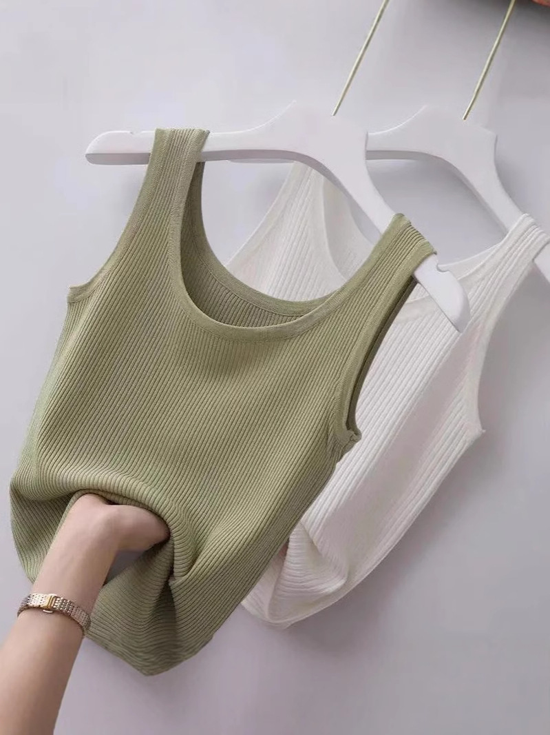 Solid Color Round Neck Sleeveless Vest Women's Summer Waistle Strap Base Shirt Women's Inner Wear Outer Threaded T-Shirt Top Women