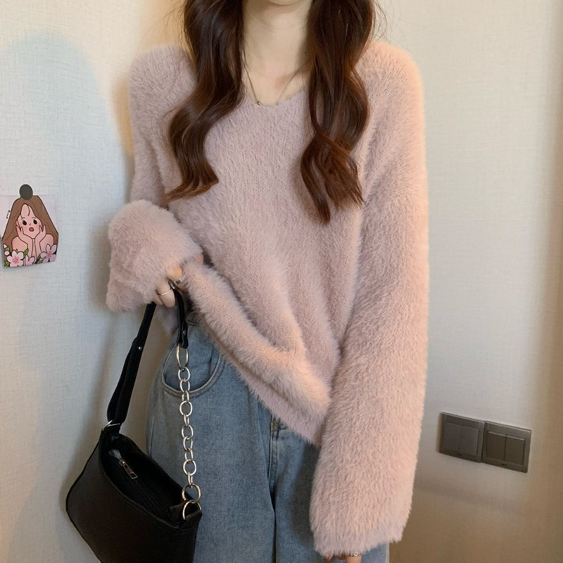 Picture of Loose Imitation Mink Velvet Knitwear for Women in Autumn and Winter, Thickeneded and Warm V-Neck with Long-Sleeved Bottoming Knitwear Top