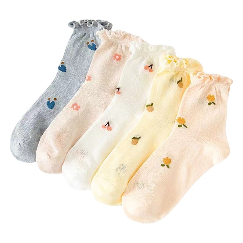 Spring and Summer wooden ear confinement socks young women's socks thin simple breathable hollow mid-calf cotton socks candy color mid-calf socks