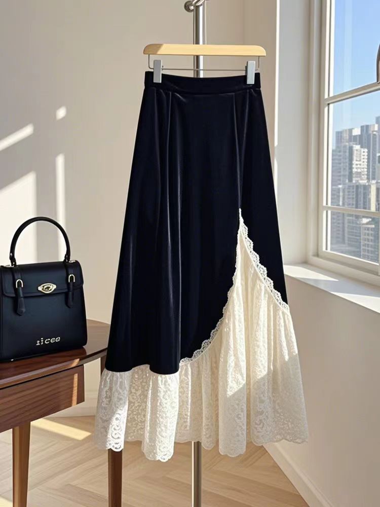 Black Velvet Hollow Lace Stitching A- Line Skirt Unique Hot Girl High-Level Skirt Autumn and Winter Women's Clothing