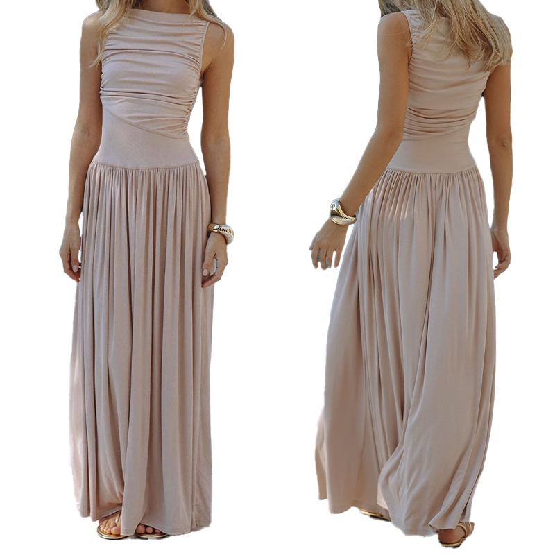 European and American style cross-border trend 2025 new fashion sexy sleeveless pleated slim waist dress solid color dress women