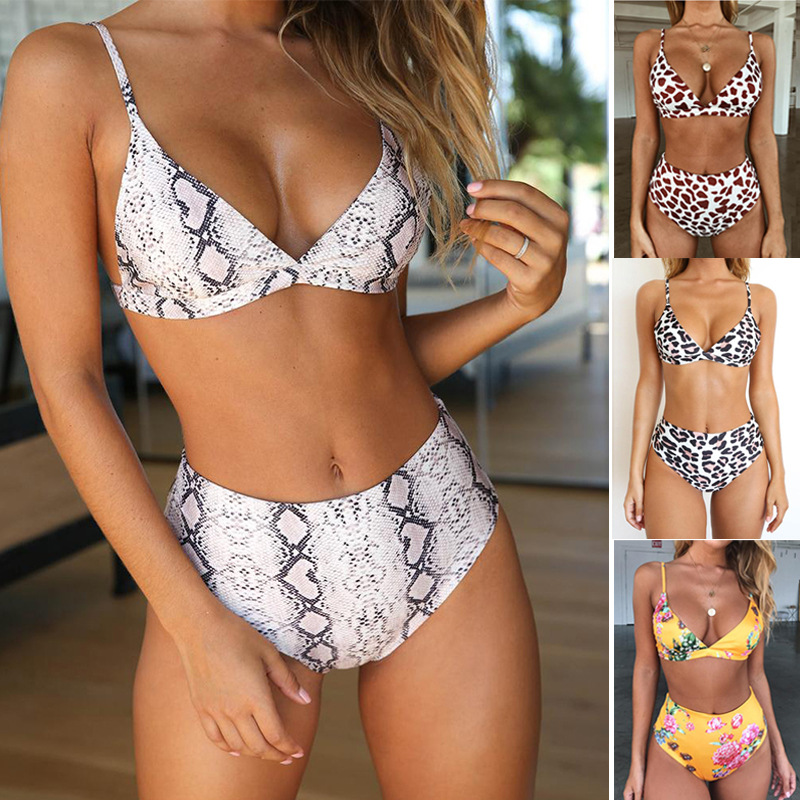 2019 New European and American Swimwear Sexy Leopard Snakeskin Printed Split High Waist Bikini Swimsuit Fashionable Sexy