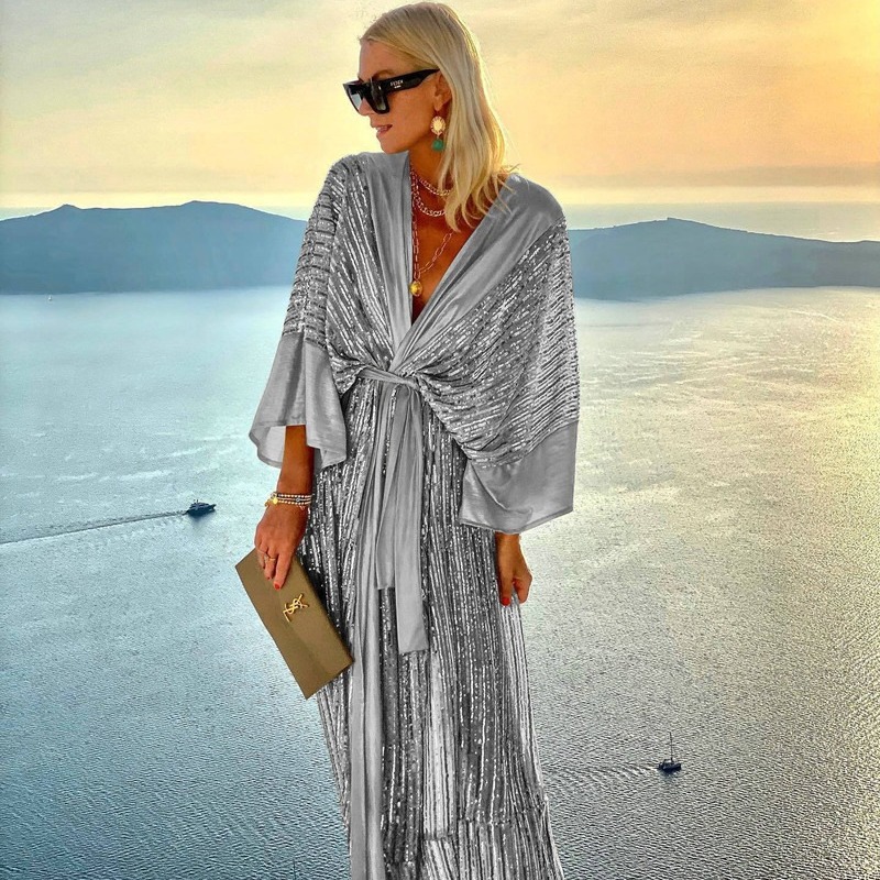 Picture of Wish Amazon AliExpress 2022 beads cardigan batwing sleeve party sequins dress tassel dress INS
