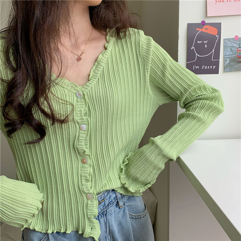 Picture of New Korean-style short bm thin top long-sleeved sweater women's purple V-neck slim-fit sunscreen cardigan Ice Silk