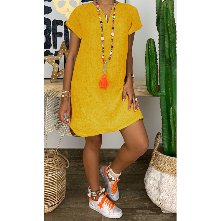 Picture of 2023 New Amazon WISH Hot Spring Summer Loose Skirt Short Sleeve V-Neck Solid Color Woven dress