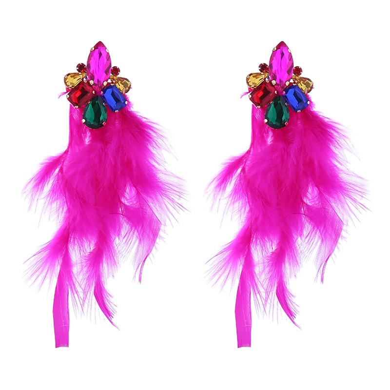 European and American new earrings alloy diamond feather flower long temperament tassel earrings trend Bohemian earrings