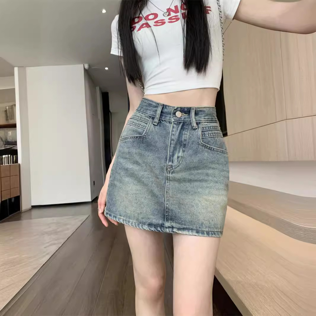 American Style Old Spice Girl Denim Skirt Women's 2024 Summer New High Waist Loose Slim A- line Hip Skirt