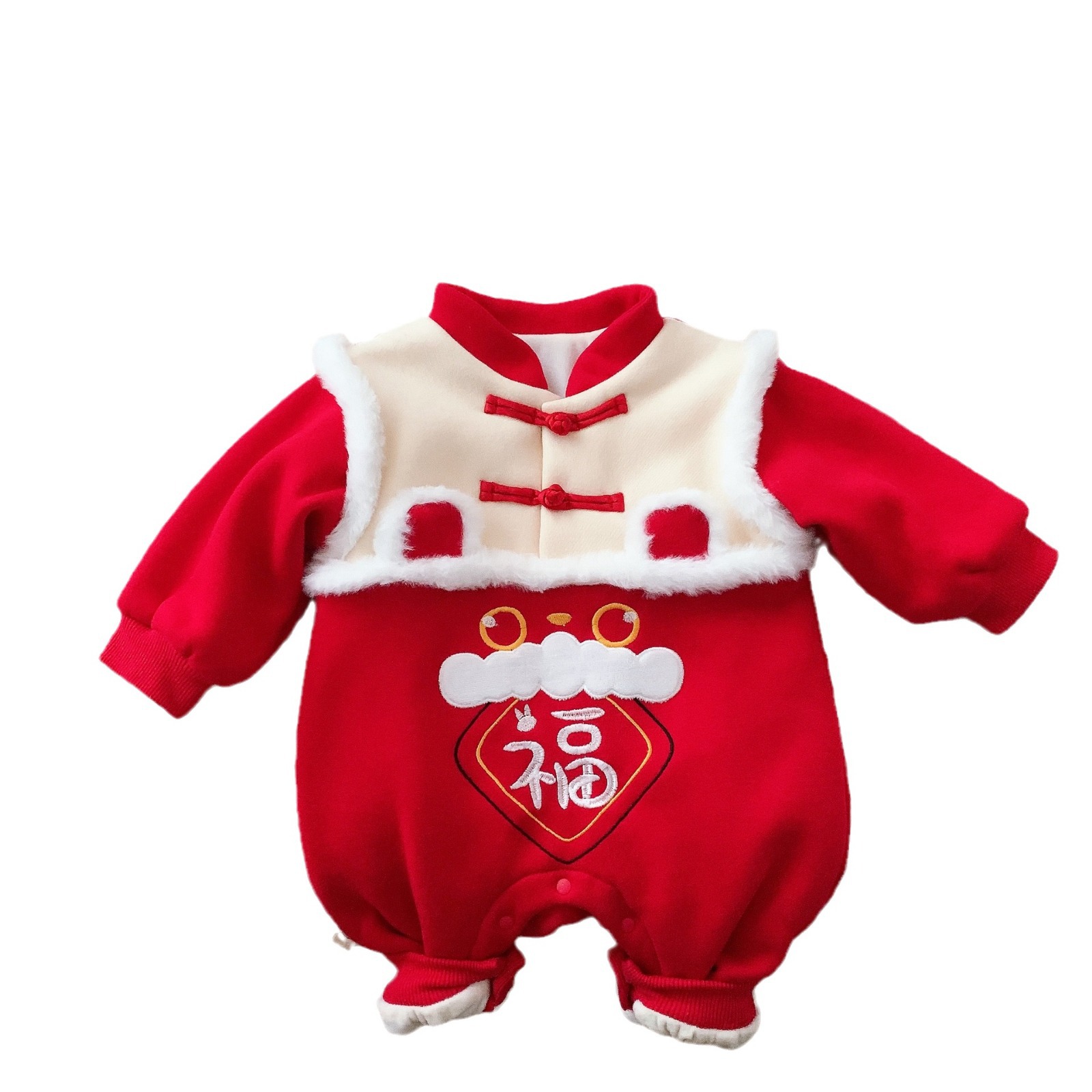 Picture of Baby New Year greeting clothes winter festive fleece-lined thickened jumpsuit men's and women's baby rabbit year warm romper outing clothes