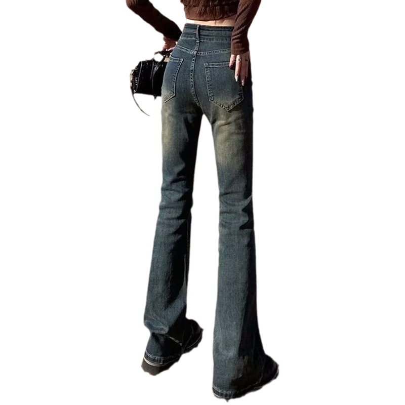 Retro fleece-lined skinny jeans for women 2024 autumn and winter New style small gray high waist slimming flared pants