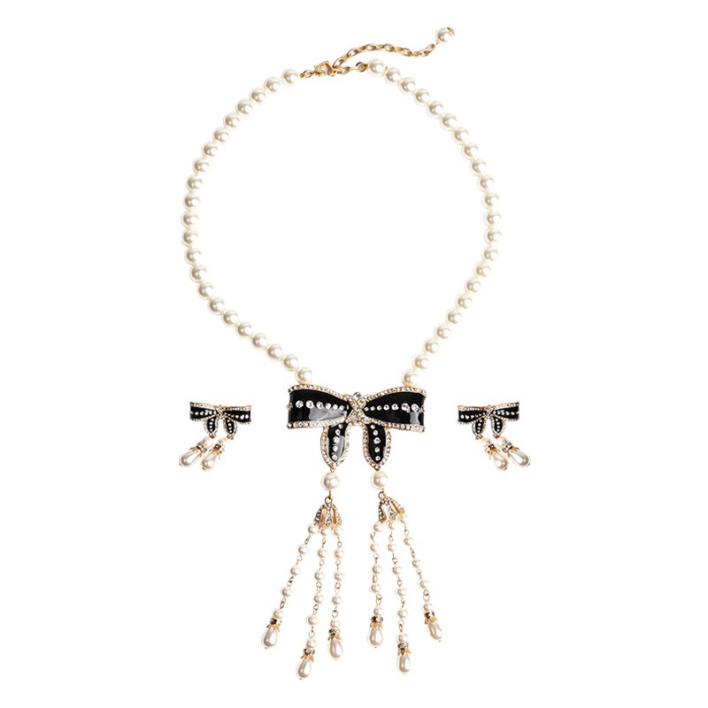 Bow Pearl Ear Jewelry suit Artistic Temperament Retro Necklace Earrings Qingdao Middle Ancient Jewelry
