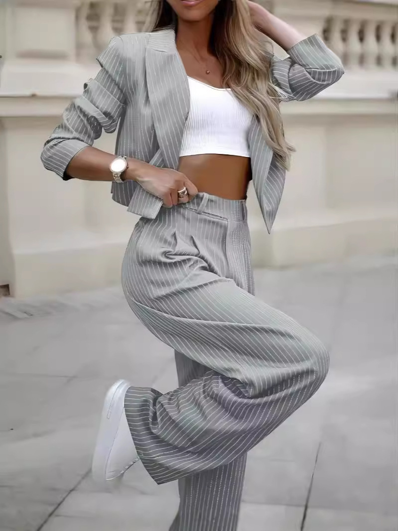 2024 European and American foreign trade women's casual striped short lapel suit straight pants suit